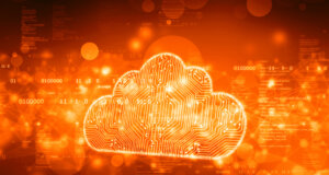 Cloud security concept art; cloud image with red, orange and yellow background
